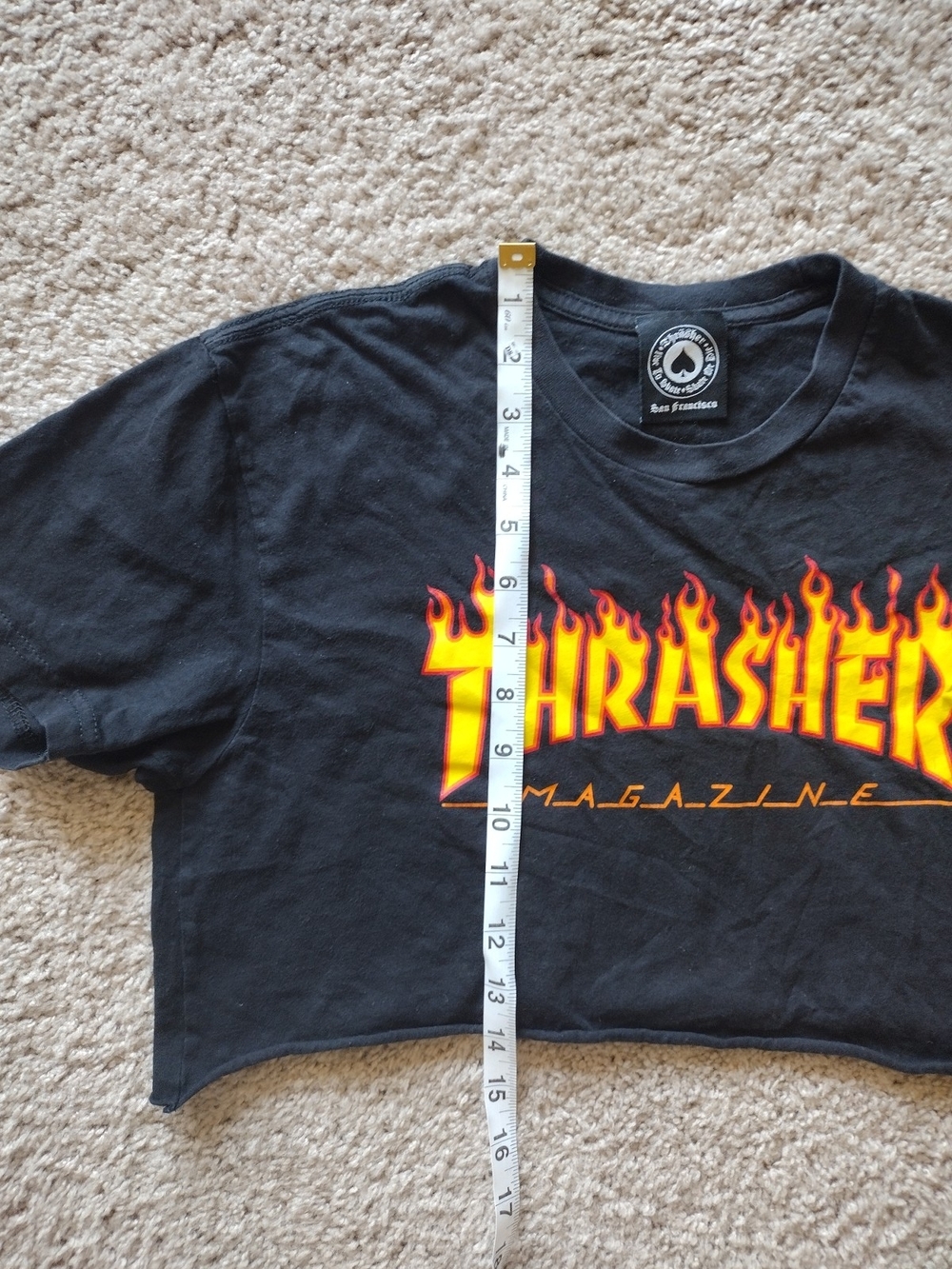 Thrasher Women's Black Cropped Tee with Yellow-Orange Flame Logo - Picture 4 of 7